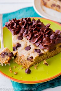 Chocolate Chip Cookie Cake - smooth and high in the center, chewy on the sides, and topped with milk chocolate frosting!