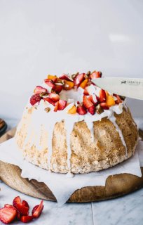 Coconut Angel Food Cake with Greek Yogurt Frosting