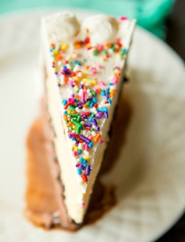 Copycat Dairy Queen Ice Cream Cake - Layers of chocolate ice cream, hot fudge, chocolate crunchies and vanilla ice cream! | browneyedbaker.com