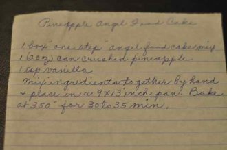 hand written recipe for pineapple angel food cake