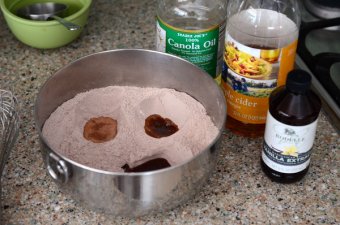 Making wells in one-bowl chocolate dessert blend