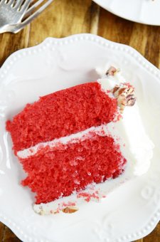 Supremely moist and tasty Red Velvet Cake with cream-cheese frosting.