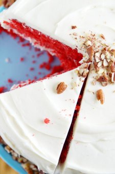 Supremely moist and tasty Red Velvet Cake with cream-cheese frosting.