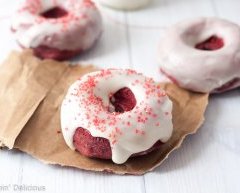 This Dairy Free Gluten Free Baked Red Velvet Donut Recipe is quick and easy to make, allergy friendly, and has all the classic red velvet flavors (including a dairy free cream cheese flavored glaze.)